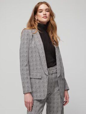 WHBM Black & Ecru Herringbone The Relaxed Open-Front Blazer 12
